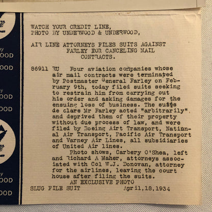 Press Photo Photograph Cancelled Airmail Contracts Lawsuit Underwood & Underwood