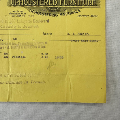 Michigan Upholstering Company Detroit 1908 Receipt Invoice Document Letterhead