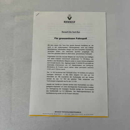 1999 Renault Clio Tech Run Car Press Kit Brochure Photos German Language