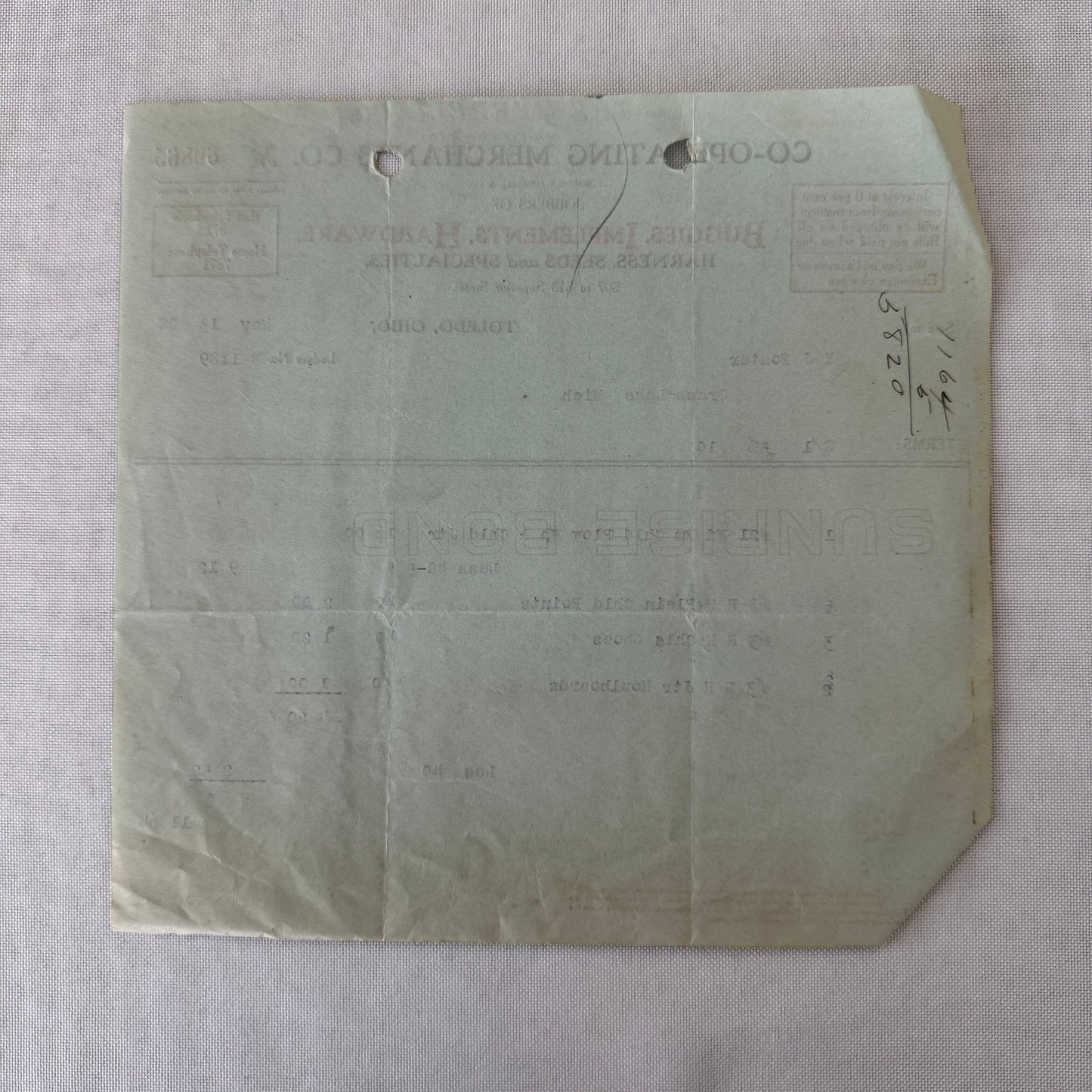 Cooperating Merchants Company Buggies and Hardware 1908 Receipt Invoice Lot 6x