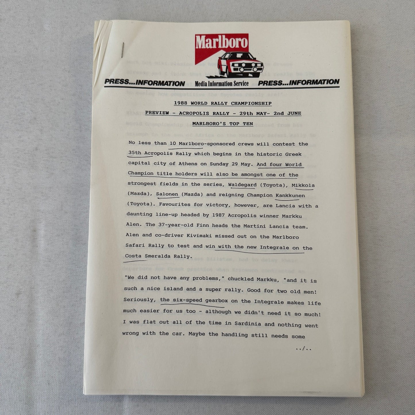 1988 Marlboro Rally Racing World Championship Press Kit Mazda Lancia Toyota