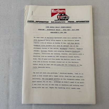 1988 Marlboro Rally Racing World Championship Press Kit Mazda Lancia Toyota