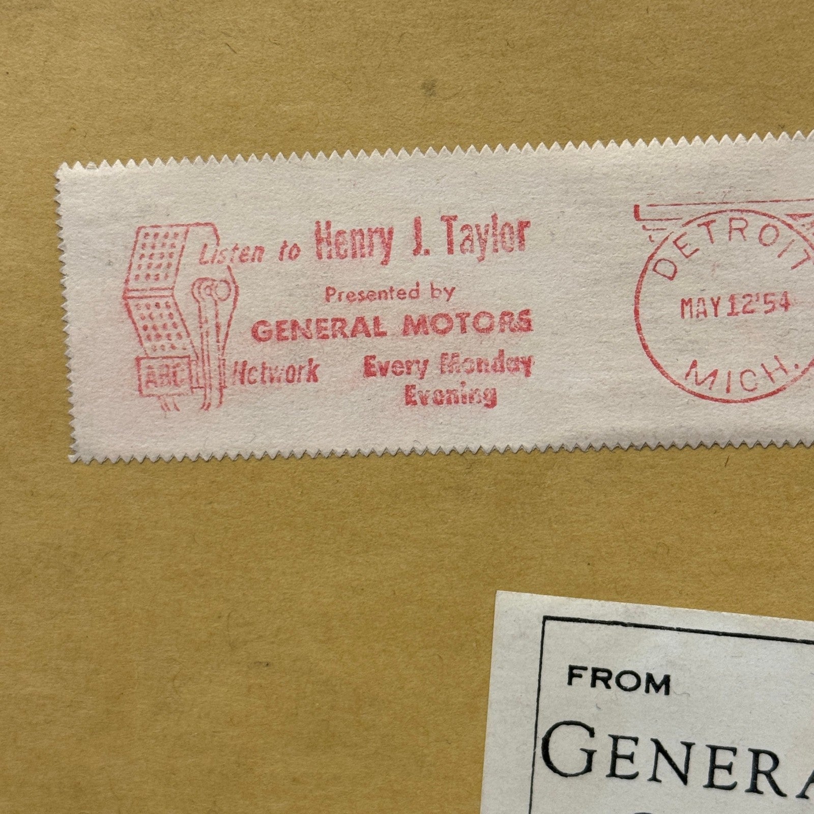 Vintage General Motors GM Envelope 1954 Postmark Empty