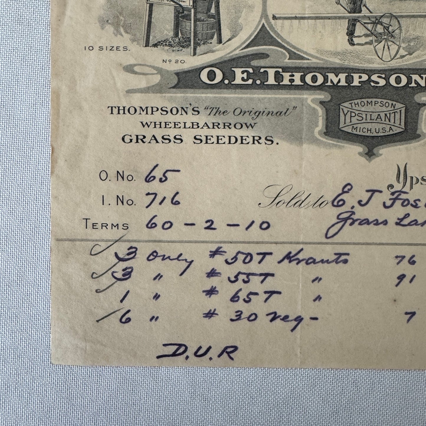 OE Thompson Receipt Letterhead Document Ypsilanti Michigan 1908 Wheelbarrow Tool
