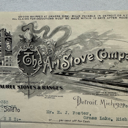 Art Stove Company Laurel Letterhead Invoice Document 1908 Detroit Michigan