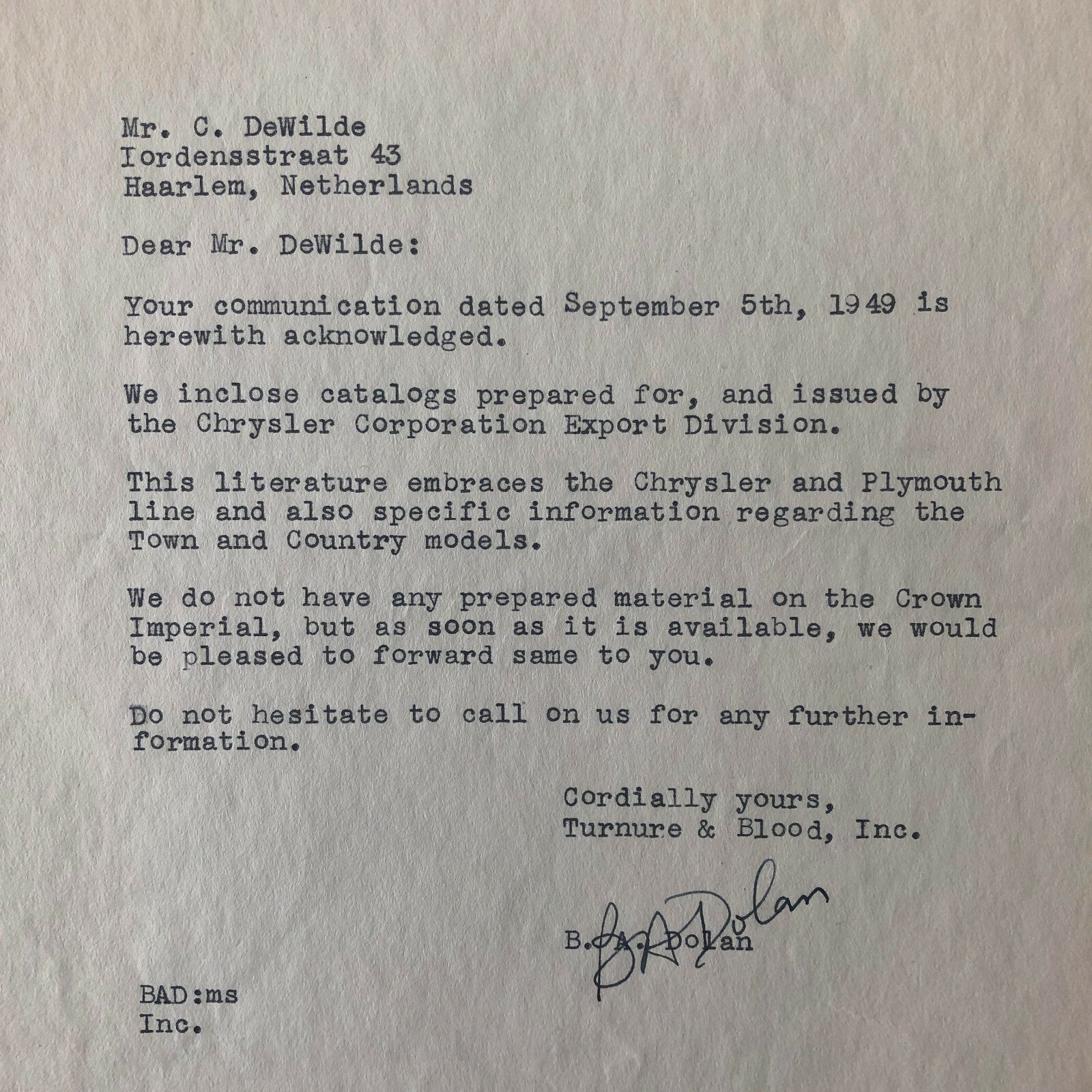 1949 Chrysler Plymouth Dealership Letter Turnure & Blood New York Letterhead