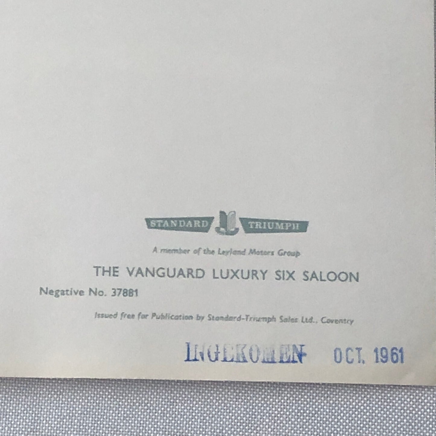 1961 Standard Vanguard Luxury Six Saloon Sedan Factory Press Photo Photograph