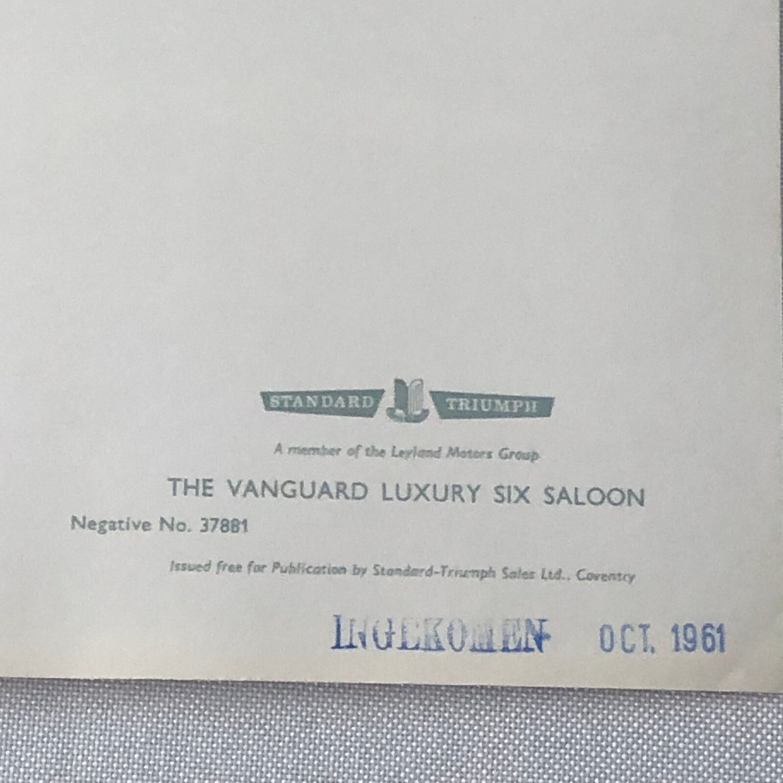 1961 Standard Vanguard Luxury Six Saloon Sedan Factory Press Photo Photograph