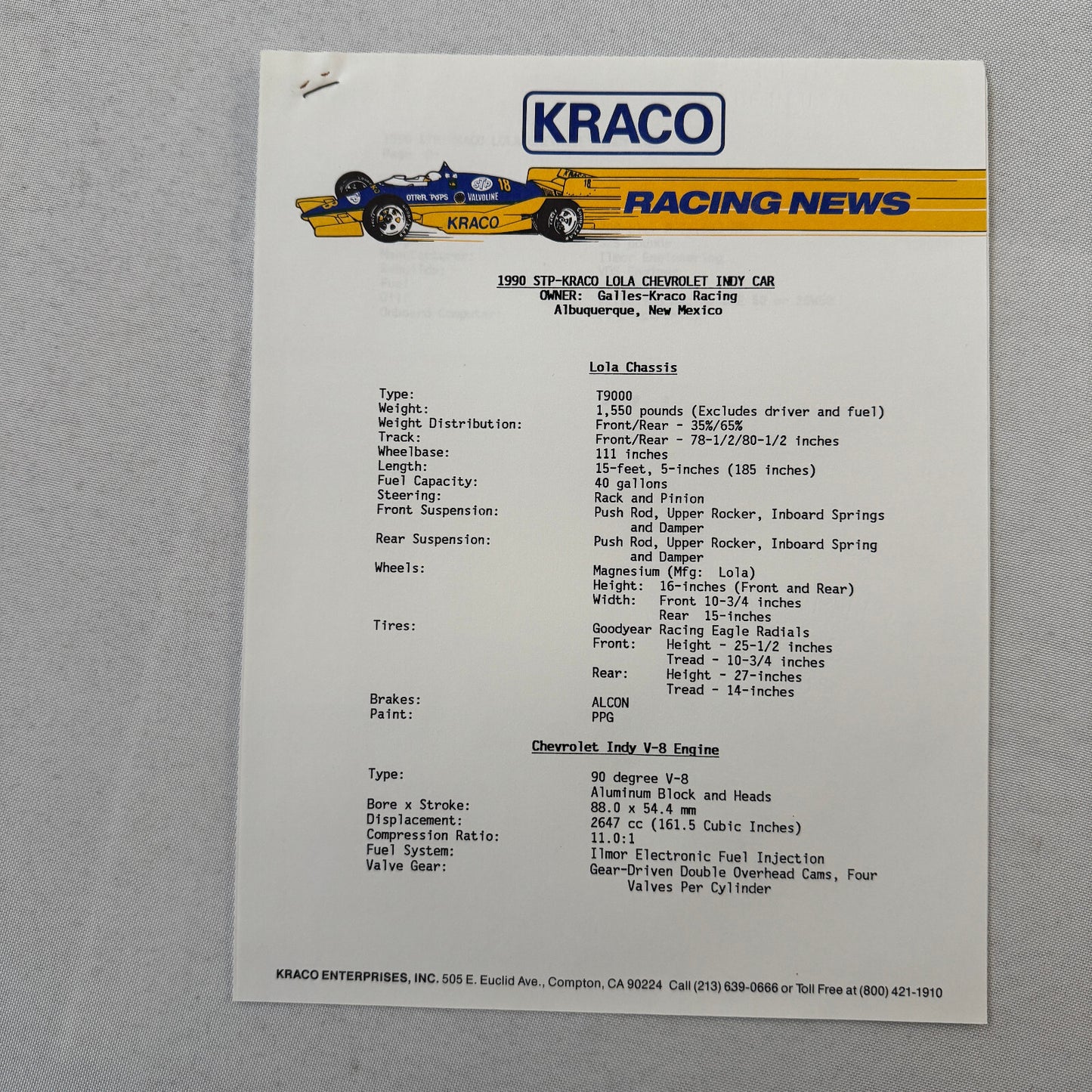 1990 Bobby Rahal Kraco Racing Press Kit Brochure Photos Lola Chevrolet Indy Car