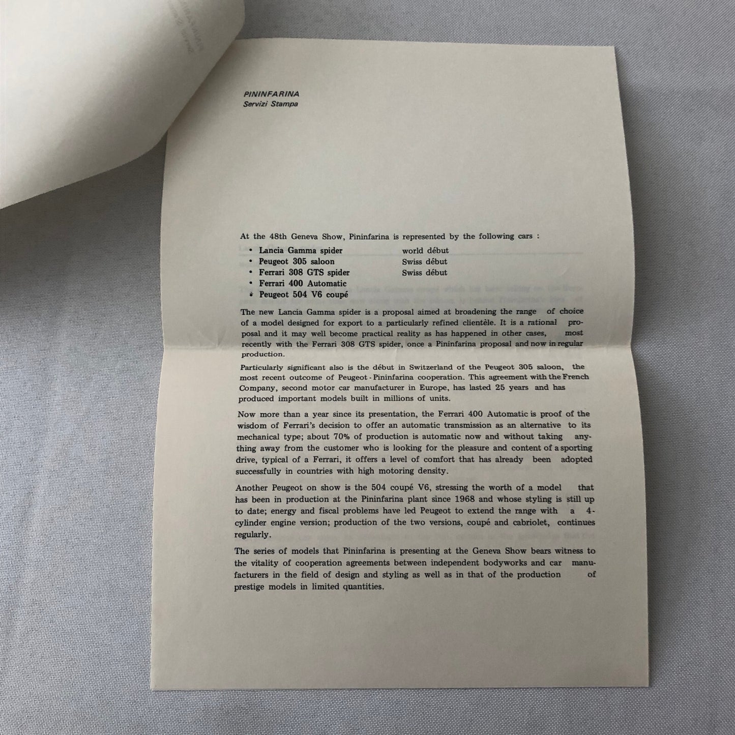 1978 Pininfarina Design Press Kit Photos Lancia Gamma Ferrari 308 400 504 +