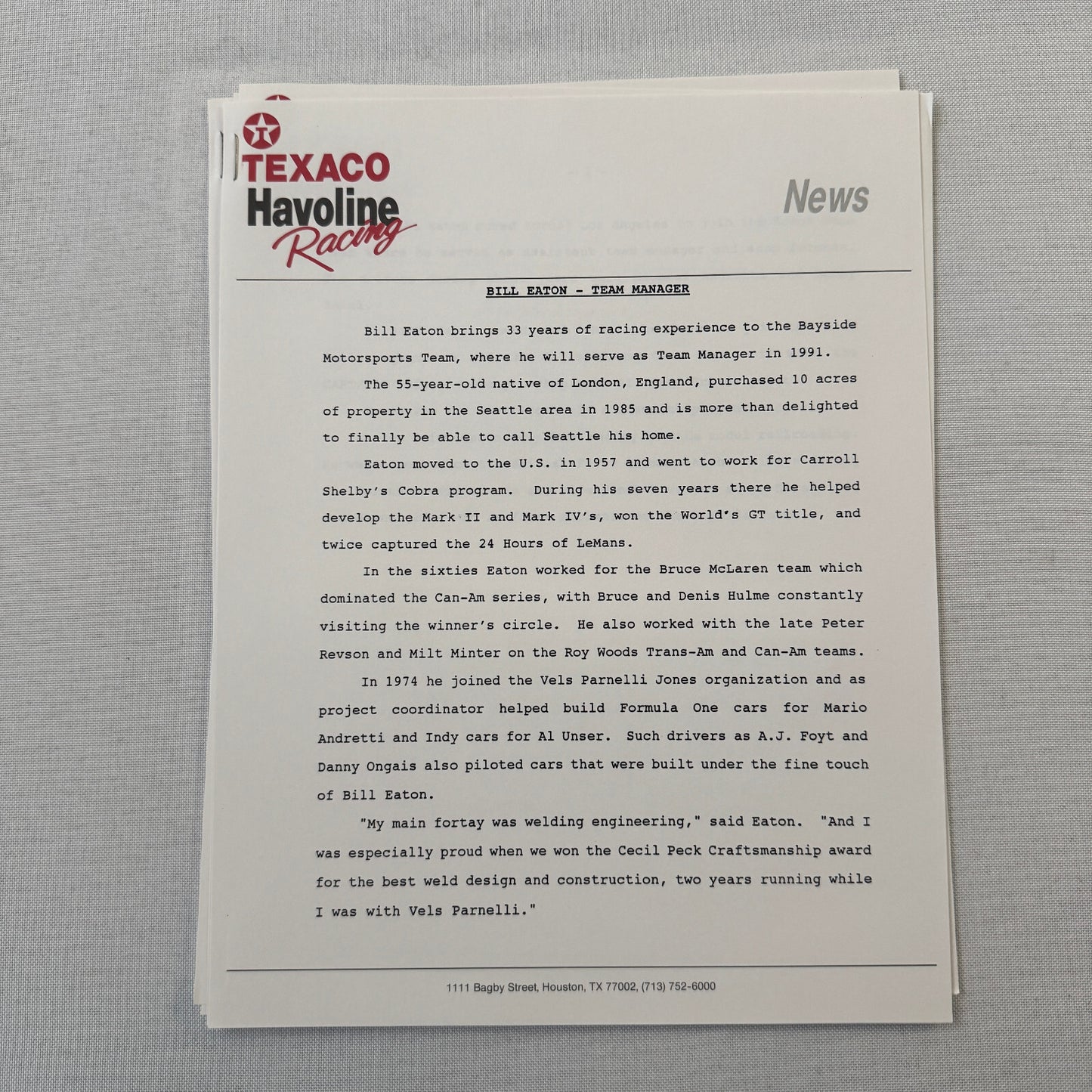 Jeff Andretti Texaco Havoline Racing Press Kit Brochure 1991 Mario Andretti