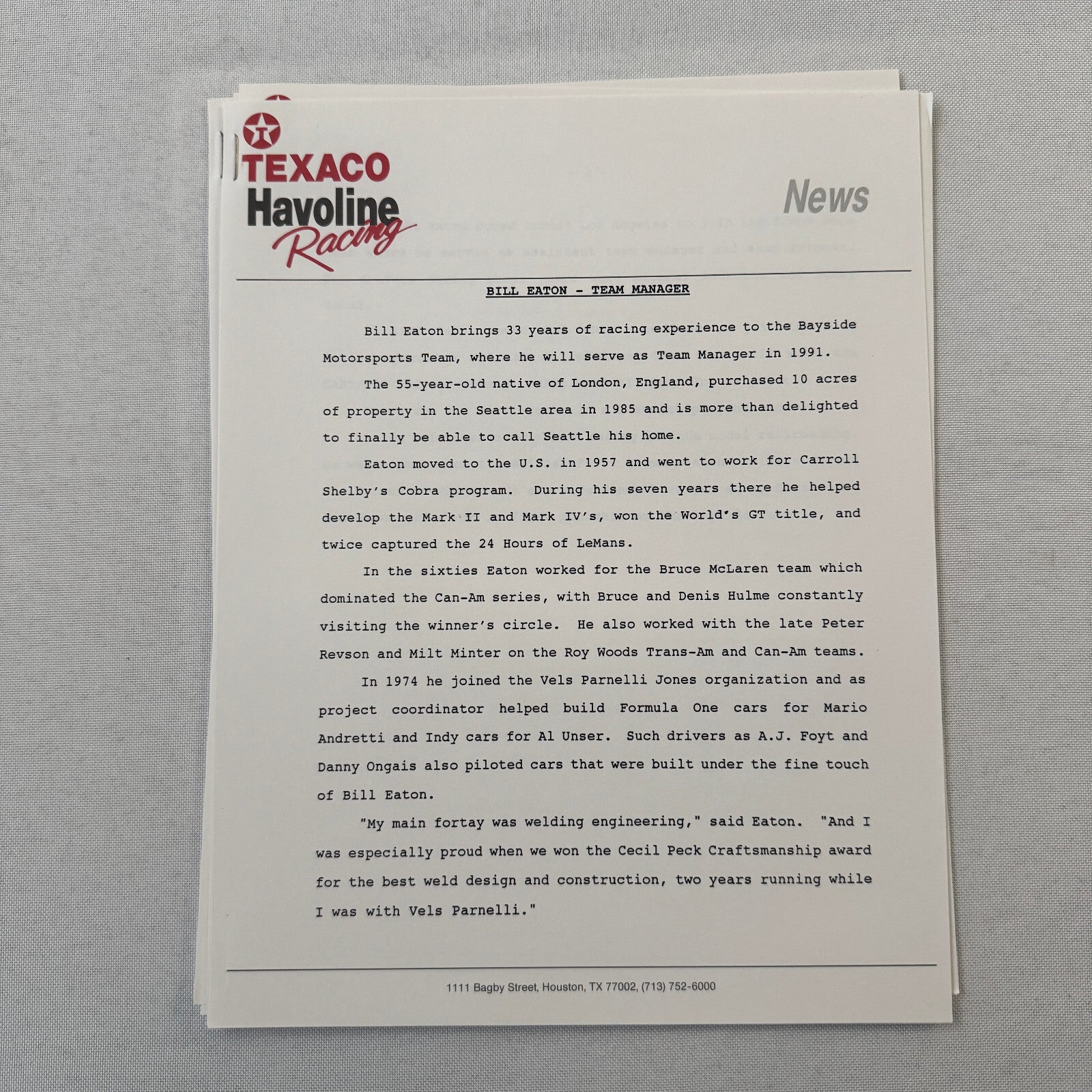 Jeff Andretti Texaco Havoline Racing Press Kit Brochure 1991 Mario Andretti