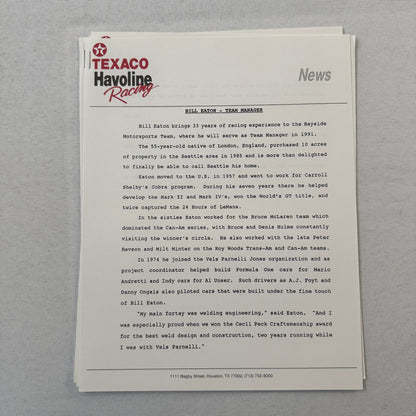 Jeff Andretti Texaco Havoline Racing Press Kit Brochure 1991 Mario Andretti