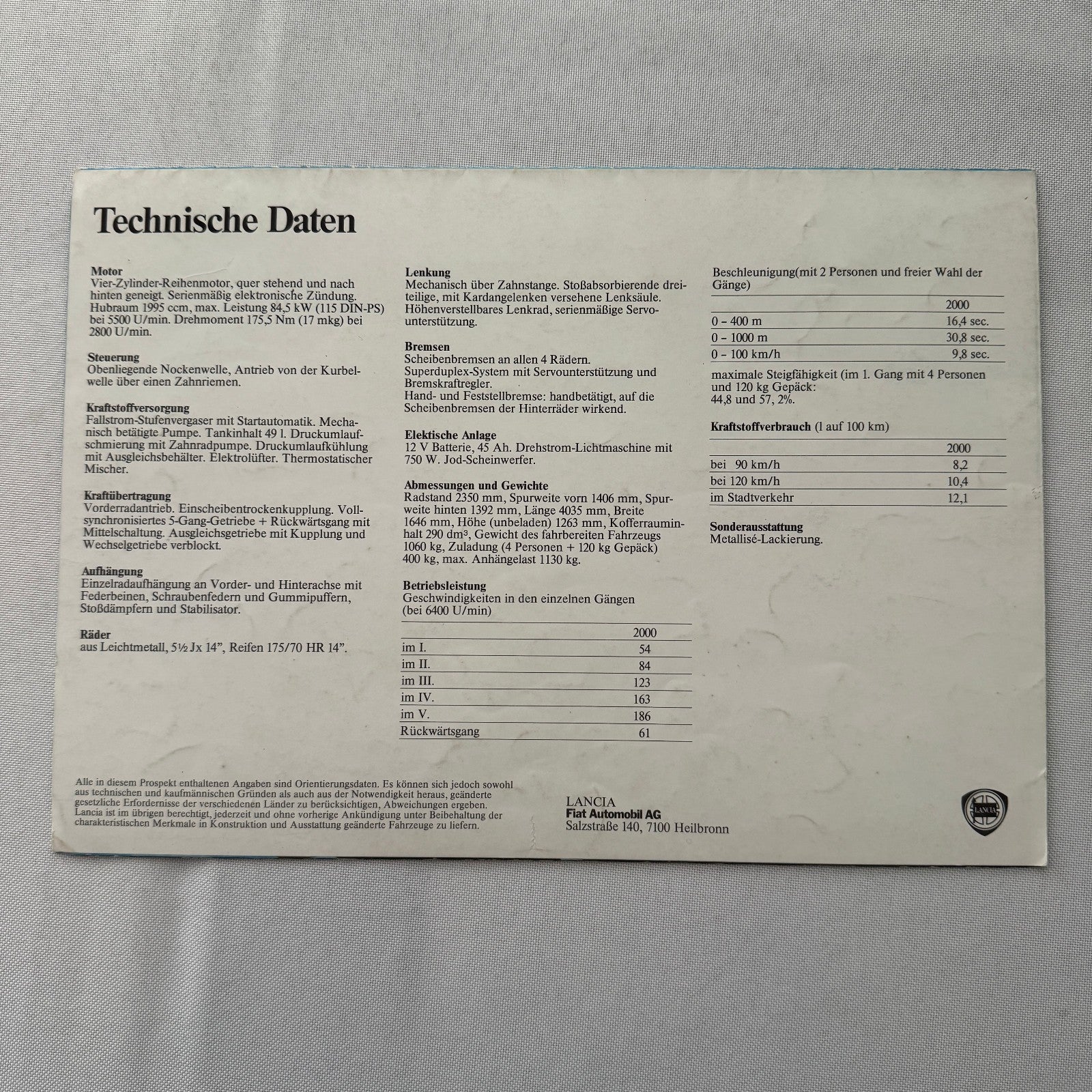 Lancia Beta Spider 2000 Car Sales Brochure Catalog Vintage GERMAN Language