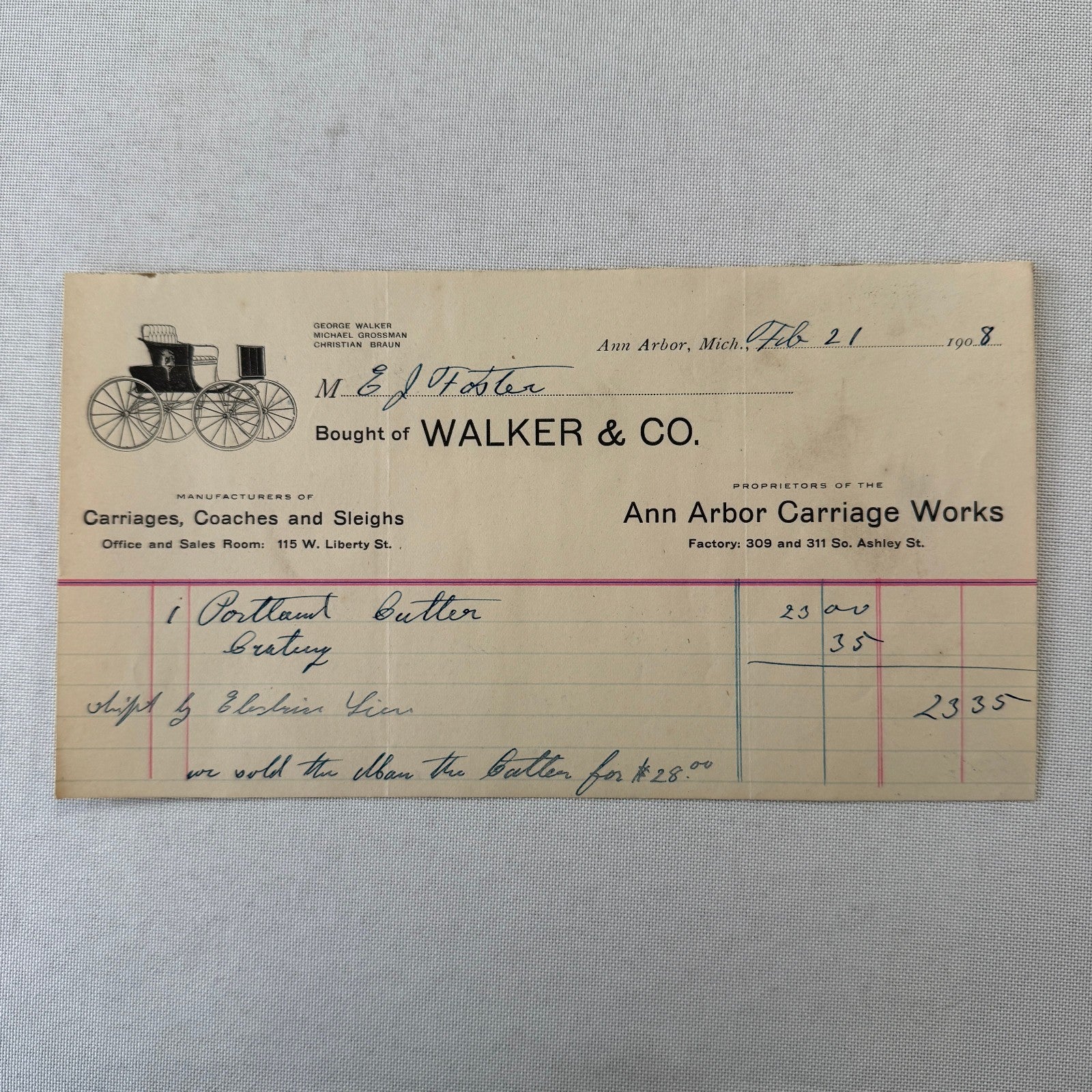 Walker and Company Receipt Letterhead Document 1908 Carriage Sleigh Ann Arbor MI