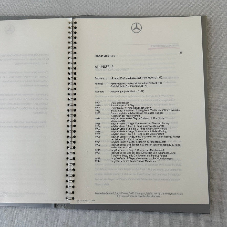 1996 Mercedes Marlboro Indy Car Racing Press KIt Paul Tracy Emerson Fittipaldi