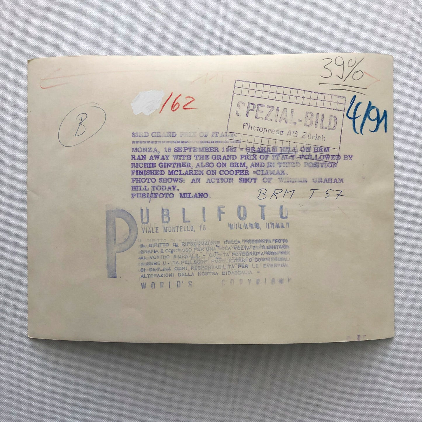 1962 Italian Grand Prix Monza Racing Photo Photograph Graham Hill BRM T57 Car 