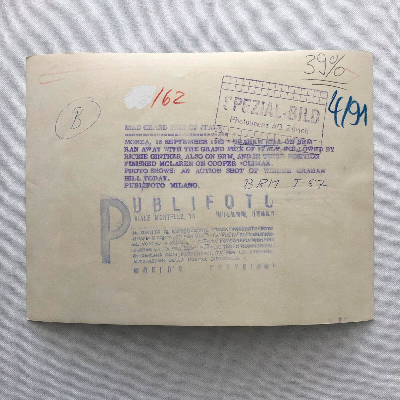 1962 Italian Grand Prix Monza Racing Photo Photograph Graham Hill BRM T57 Car 