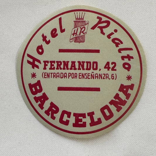 Vintage Travel Luggage Label Hotel Rialto Barcelona Spain Spanish