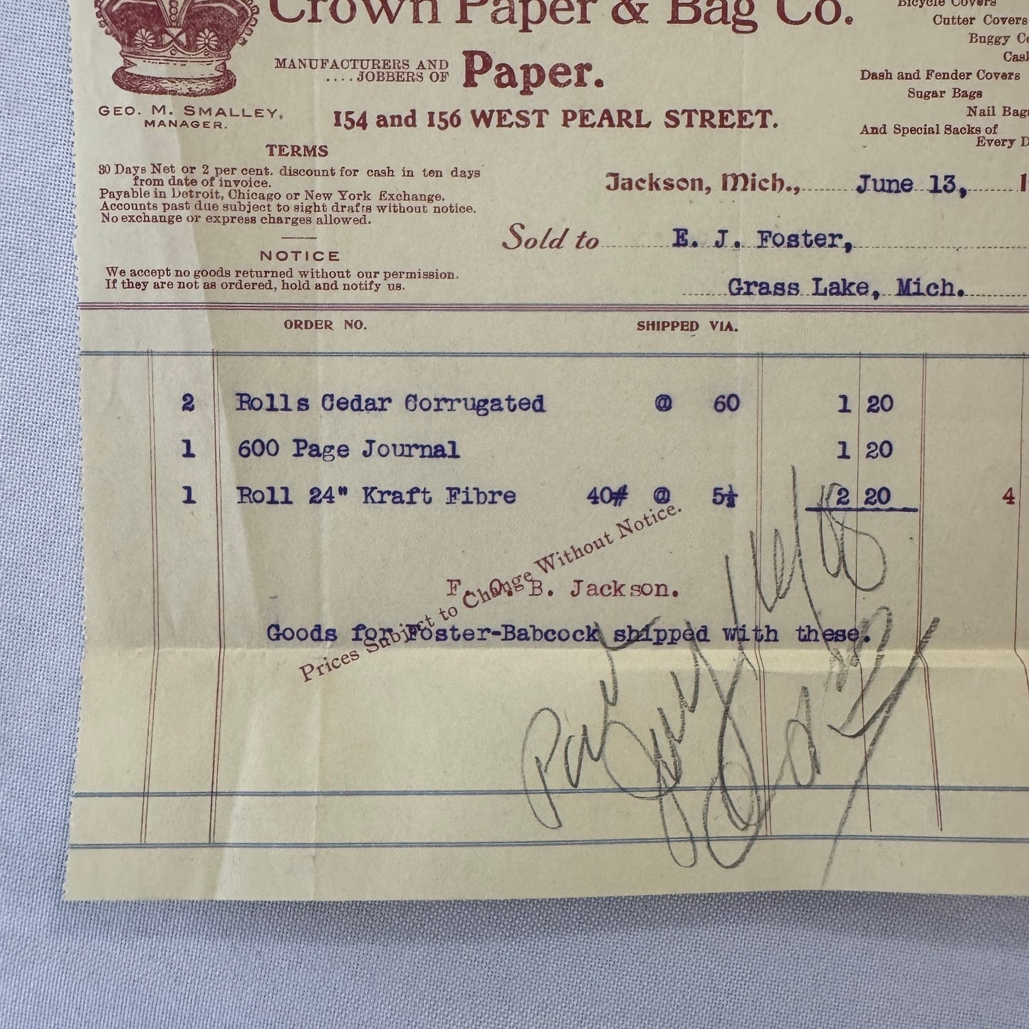 Crown Paper & Bag Company Jackson Michigan 1908 Receipt Invoice Document Lot 5x