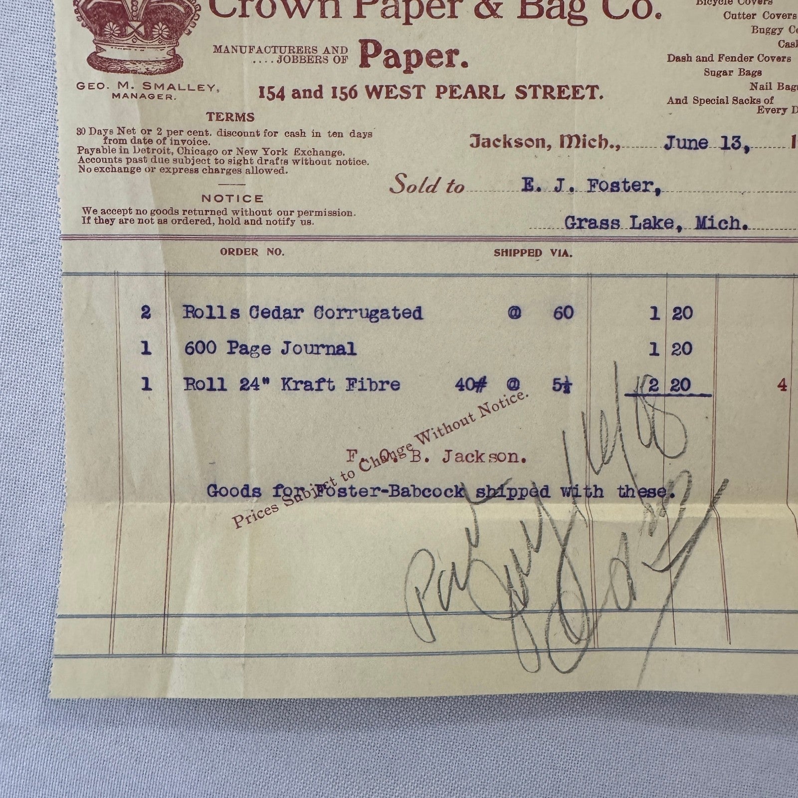 Crown Paper & Bag Company Jackson Michigan 1908 Receipt Invoice Document Lot 5x