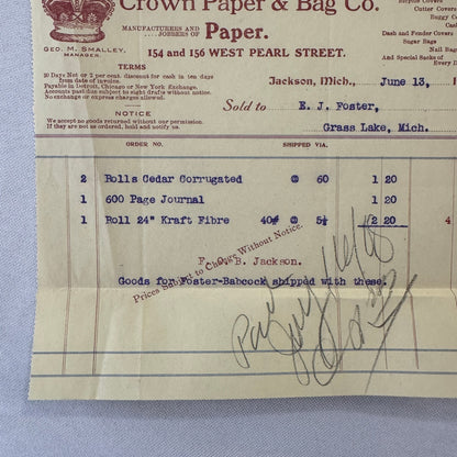 Crown Paper & Bag Company Jackson Michigan 1908 Receipt Invoice Document Lot 5x