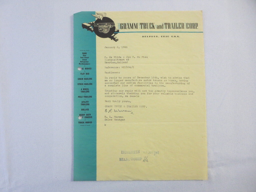 1946 Gramm Truck and Trailer Corporation Letter Letterhead - Delphos Ohio