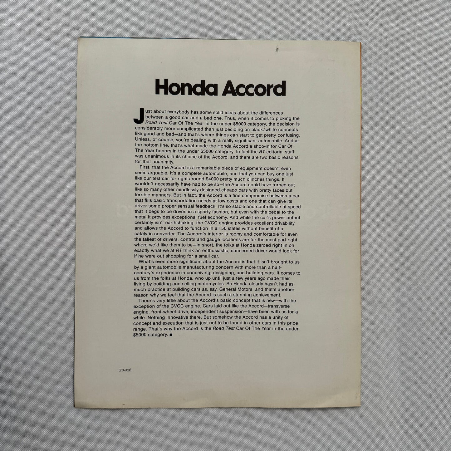 Honda Accord Road Test Magazine 1977 Car of the Year Sales Brochure Catalog