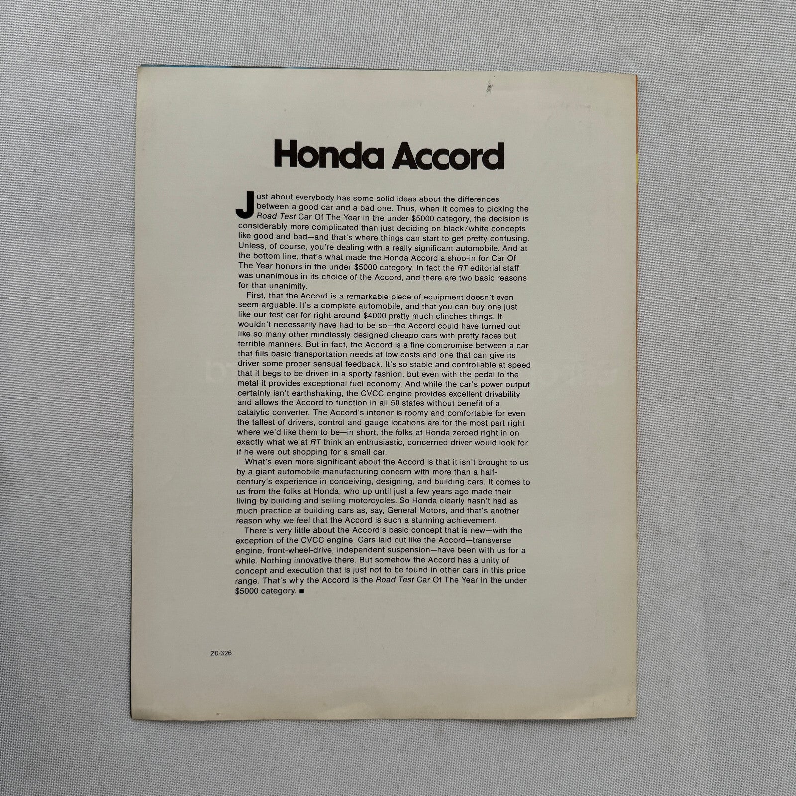 Honda Accord Road Test Magazine 1977 Car of the Year Sales Brochure Catalog