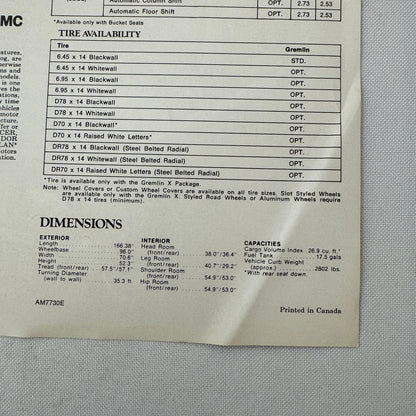 1977 AMC American Motors Gremlin Sales Sheet Brochure Vintage Car Advertising 