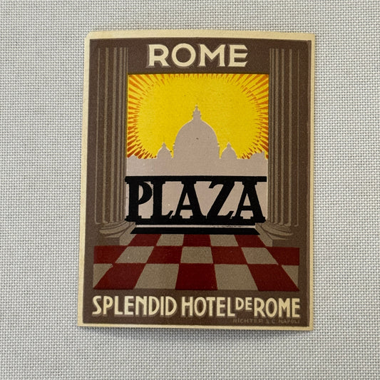 Vintage Hotel Travel Label Rome Plaza Hotel Italy Italian