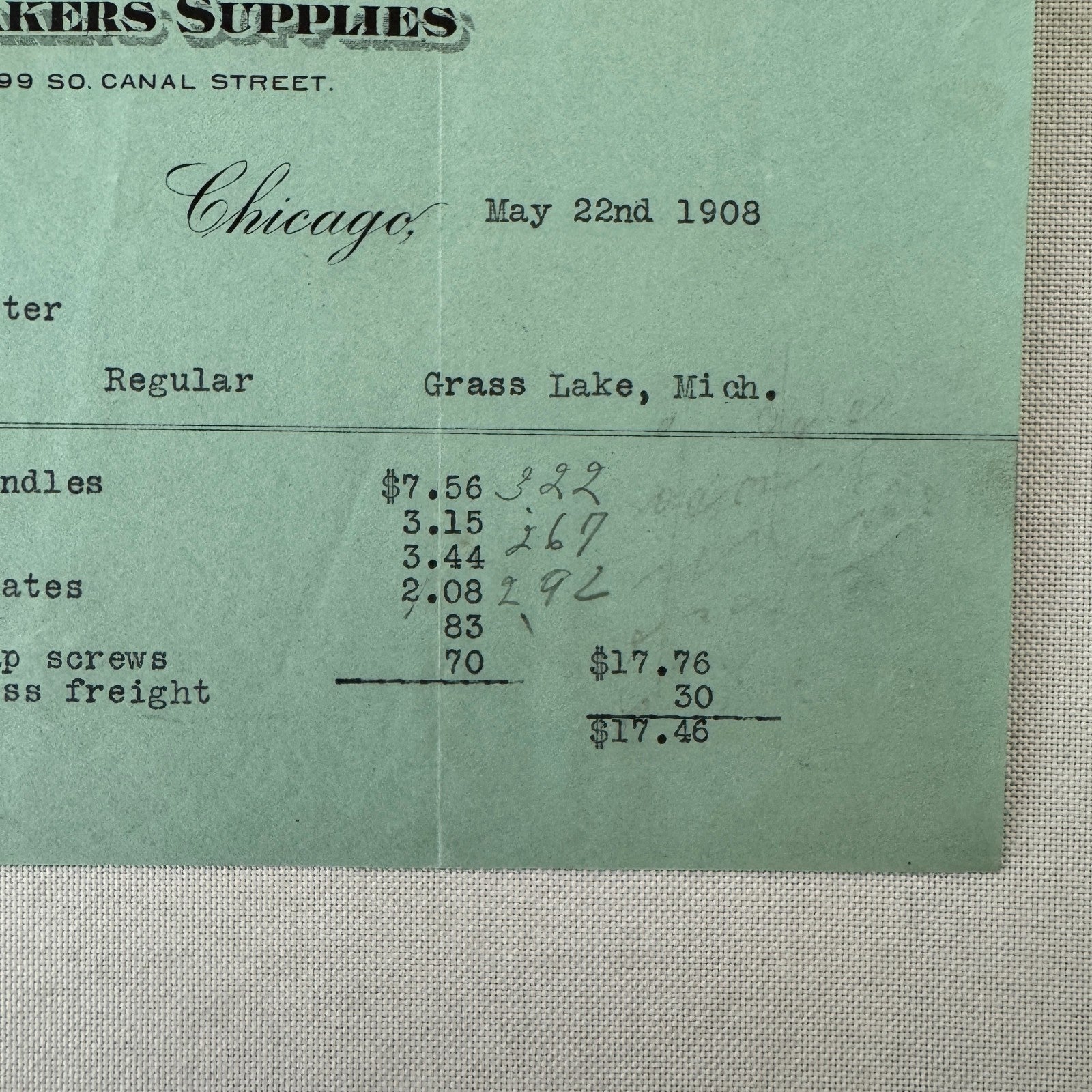 James C Curtis Company Undertakers Supplies Invoice Document 1908 Chicago