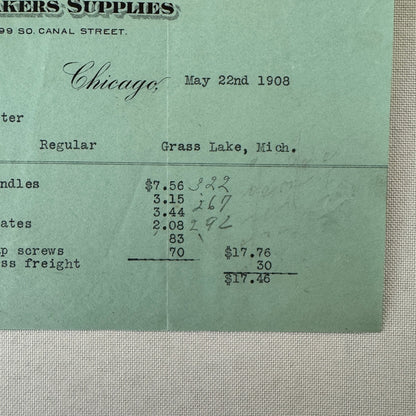 James C Curtis Company Undertakers Supplies Invoice Document 1908 Chicago