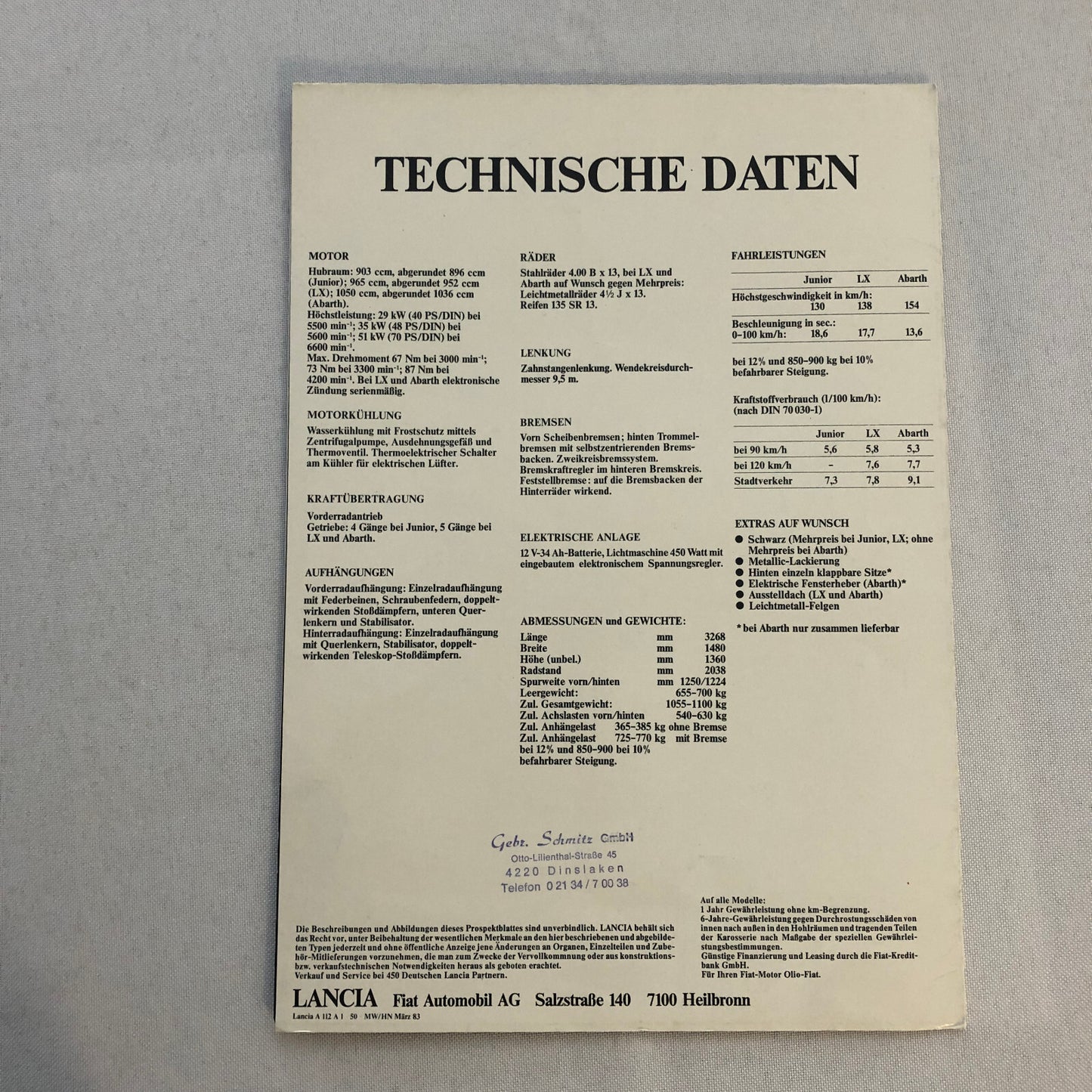 Lancia A112 Car Sales Brochure Catalog Vintage GERMAN Lancia A 112 Abarth