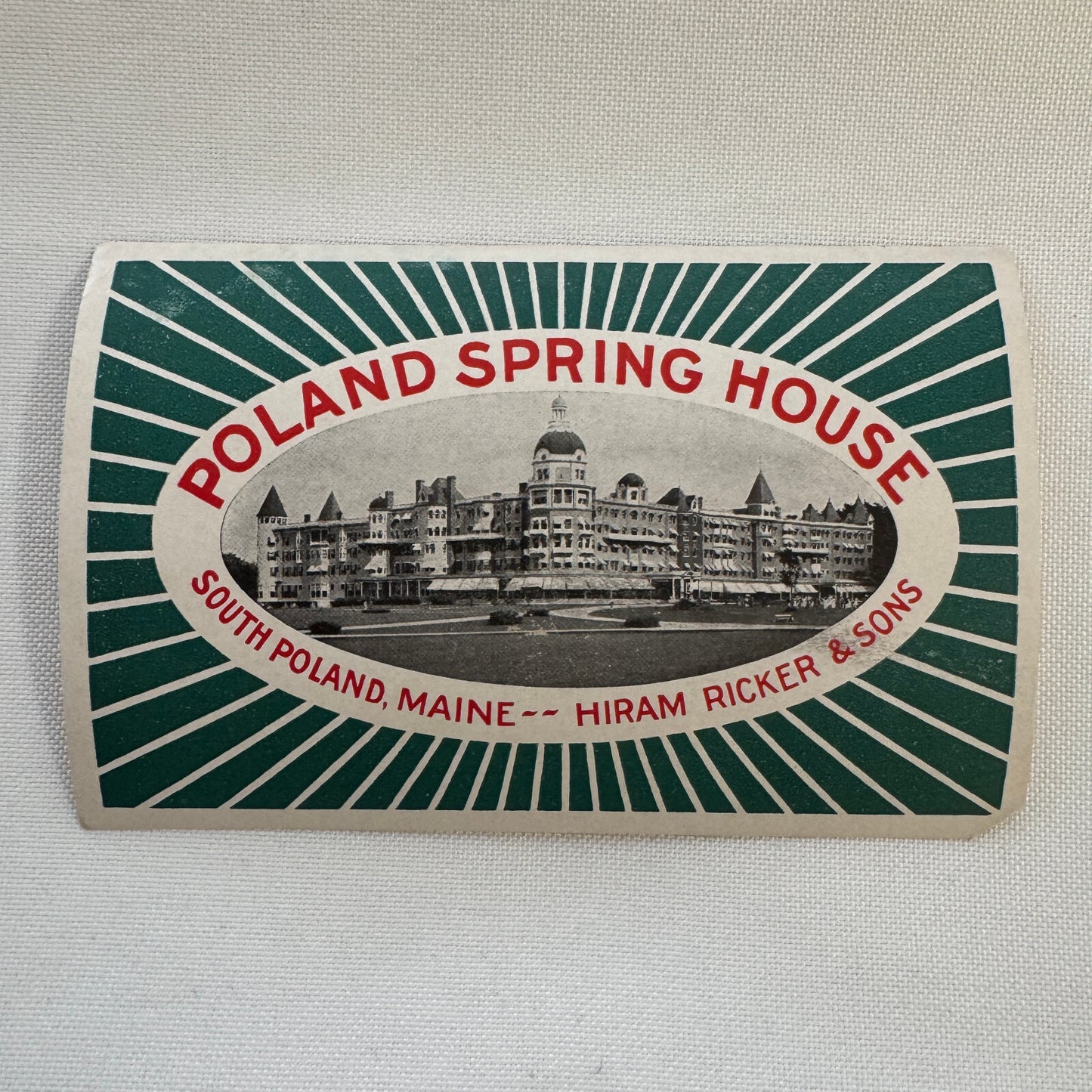Vintage Travel Luggage Label Poland Spring House Maine Hiram Ricker Hotel