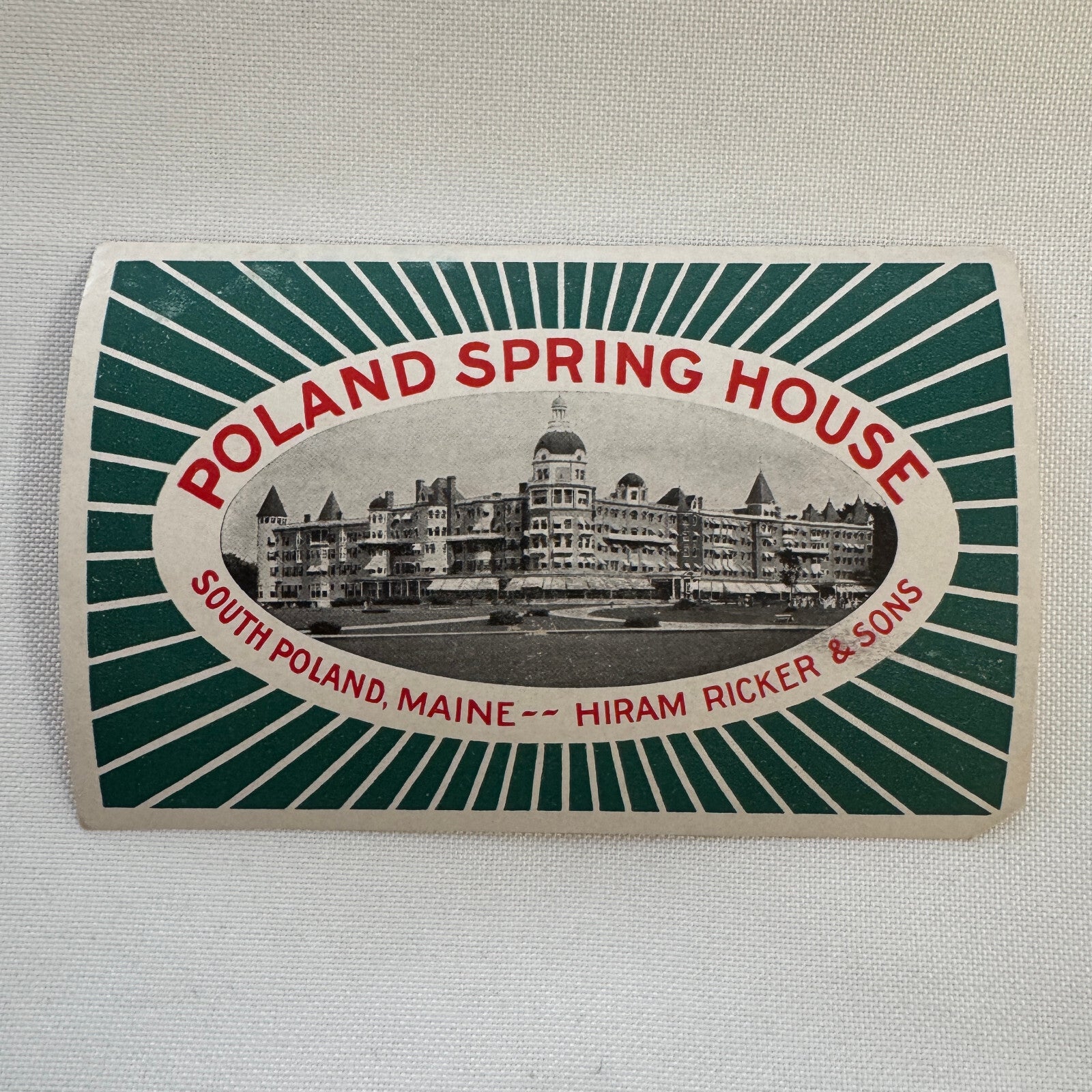 Vintage Travel Luggage Label Poland Spring House Maine Hiram Ricker Hotel