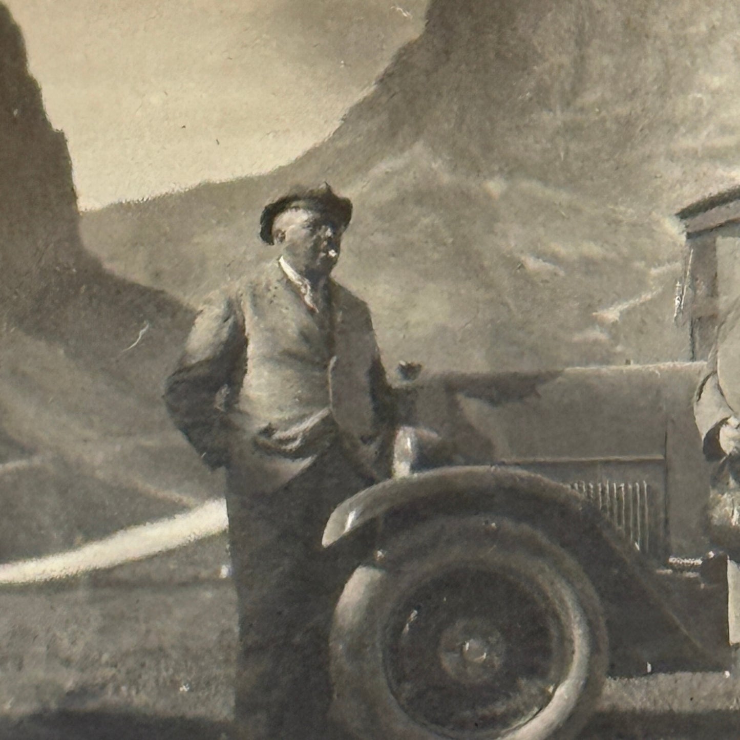 Vintage Photo Photograph Print People with Antique Car Automobile Mountains