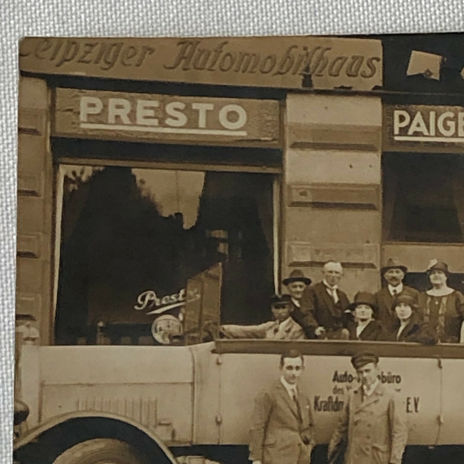 Antique Vintage RPPC Photo Postcard Post Card Bus outside Car Dealer BMW Paige +