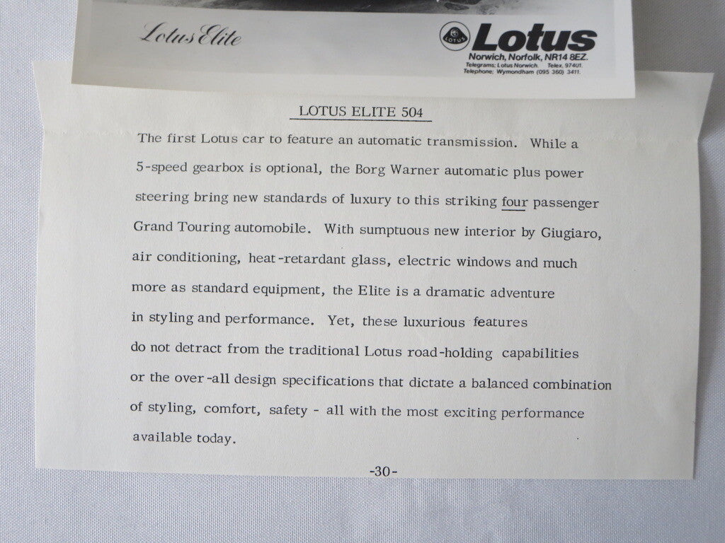 Vintage Lotus Elite 504 Car Factory Press Photo Photograph 