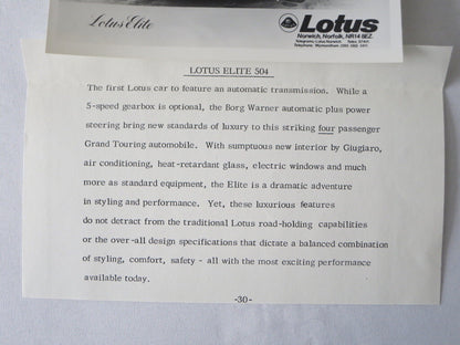 Vintage Lotus Elite 504 Car Factory Press Photo Photograph 