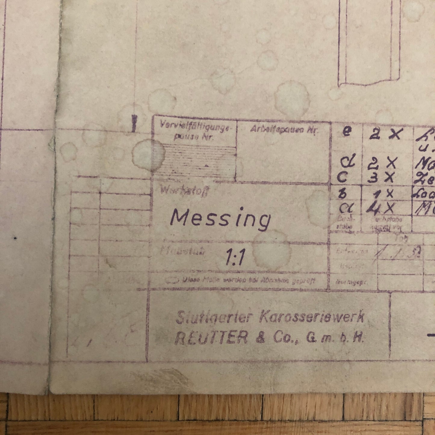 Vintage Porsche Reutter & Co Coachbuilder Factory Part Blueprint Document German