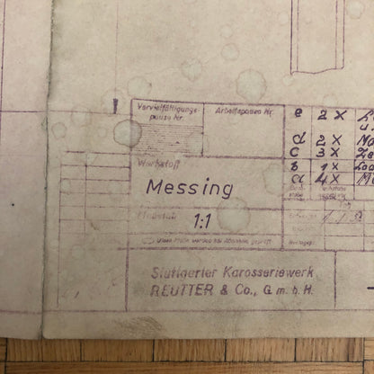 Vintage Porsche Reutter & Co Coachbuilder Factory Part Blueprint Document German