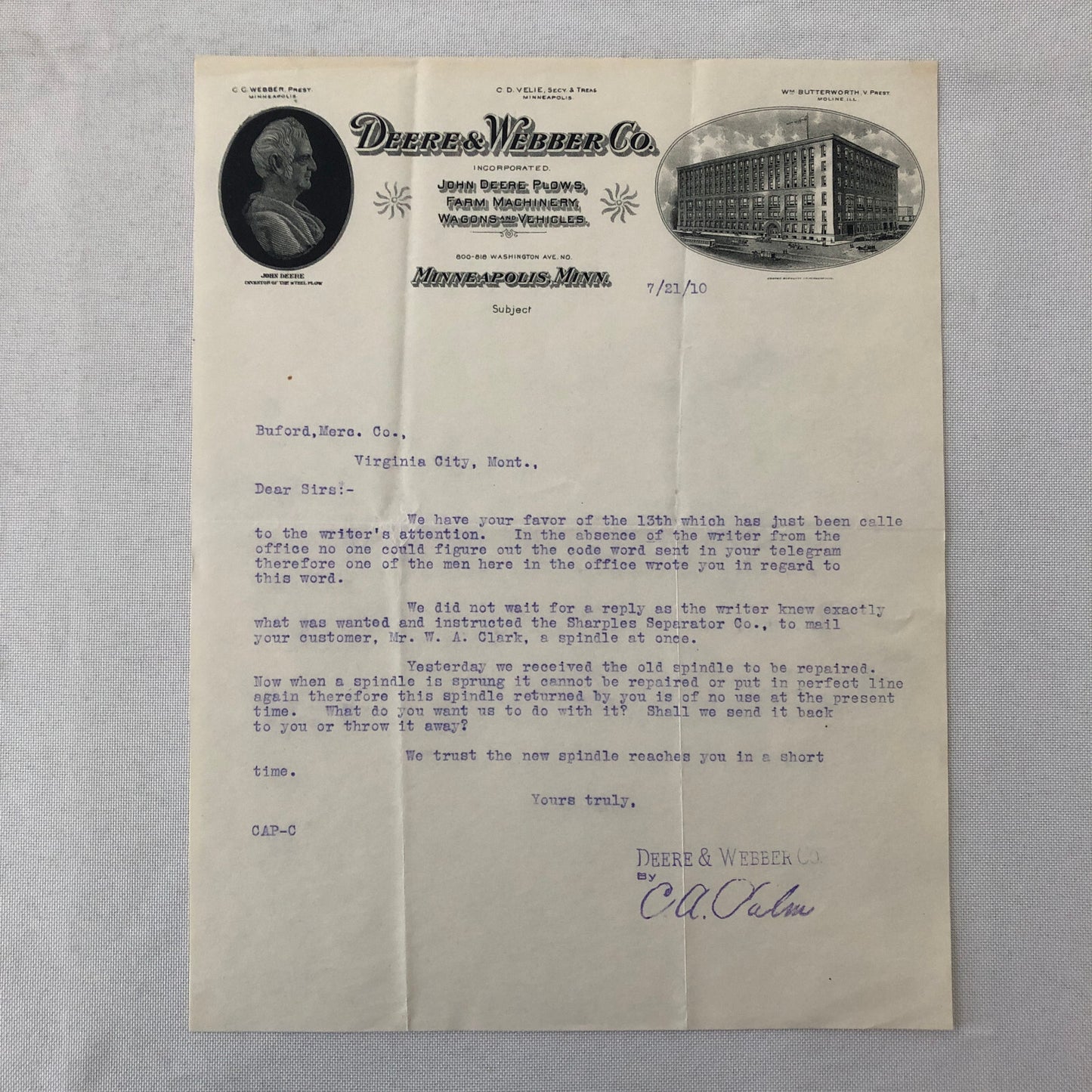 1910 John Deere and Webber Company Minneapolis Minnesota Letter Letterhead