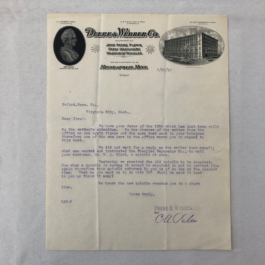 1910 John Deere and Webber Company Minneapolis Minnesota Letter Letterhead