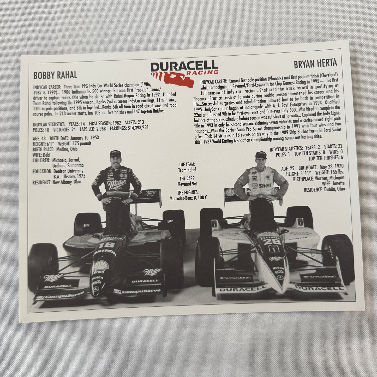 Duracell Indy Car Racing Team Press Kit Brochure Photos Bobby Rahal Bryan Herta