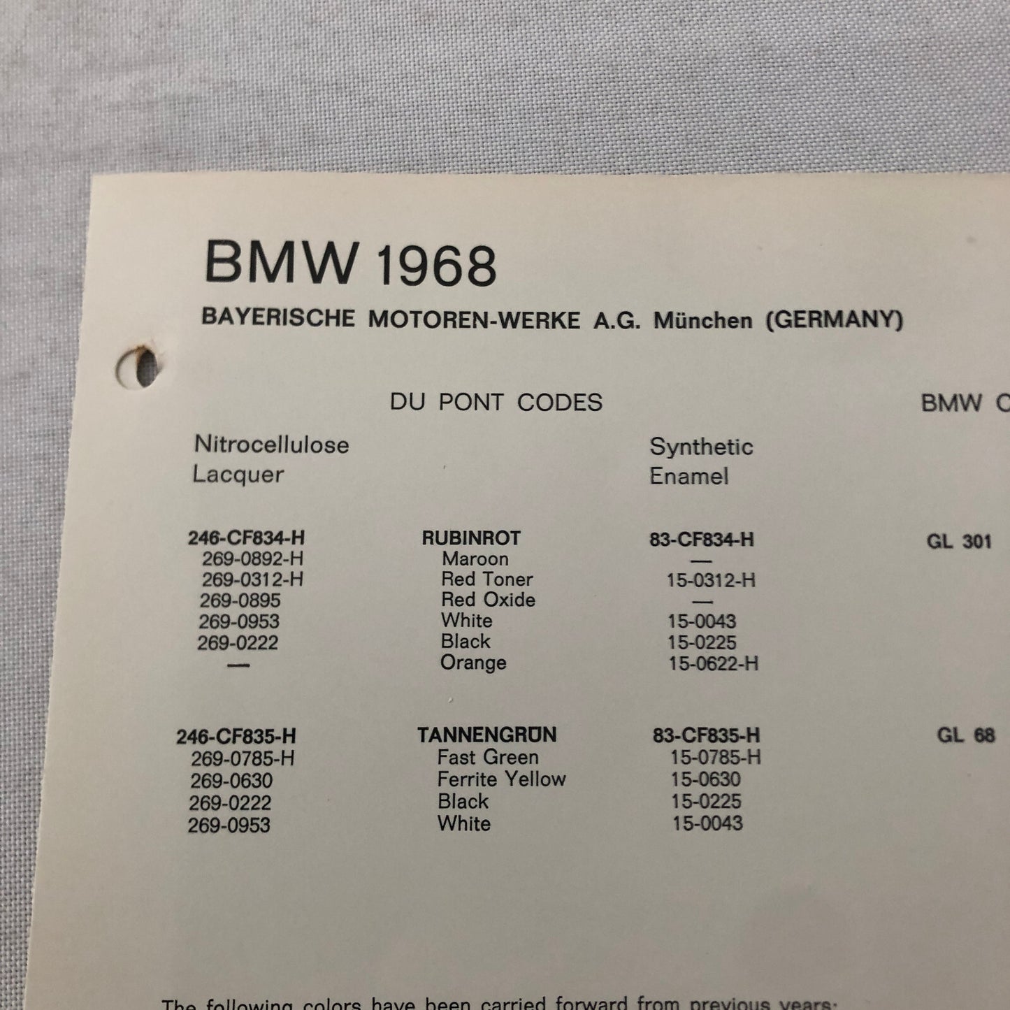 1968 BMW Car Dupont Paint Chip Color Sample Sheet Rubinrot Tannengrun