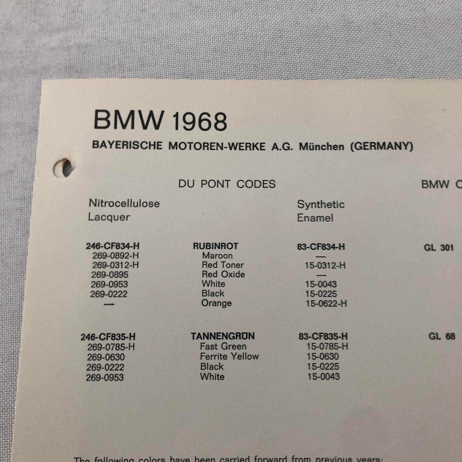 1968 BMW Car Dupont Paint Chip Color Sample Sheet Rubinrot Tannengrun