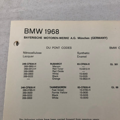 1968 BMW Car Dupont Paint Chip Color Sample Sheet Rubinrot Tannengrun