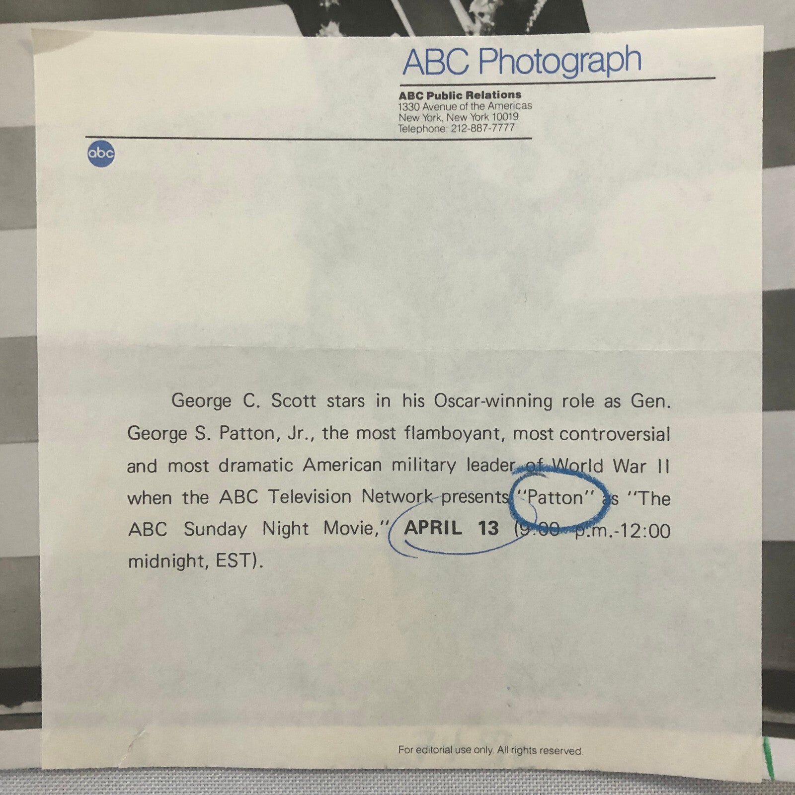 Patton Movie Film ABC Television Photo Photograph George C Scott George S Patton