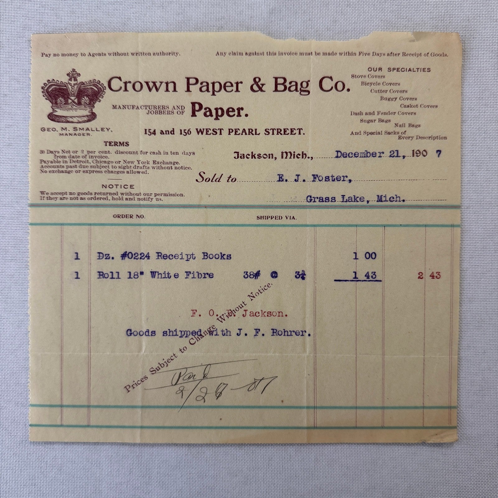 Crown Paper & Bag Company Jackson Michigan 1908 Receipt Invoice Document Lot 5x